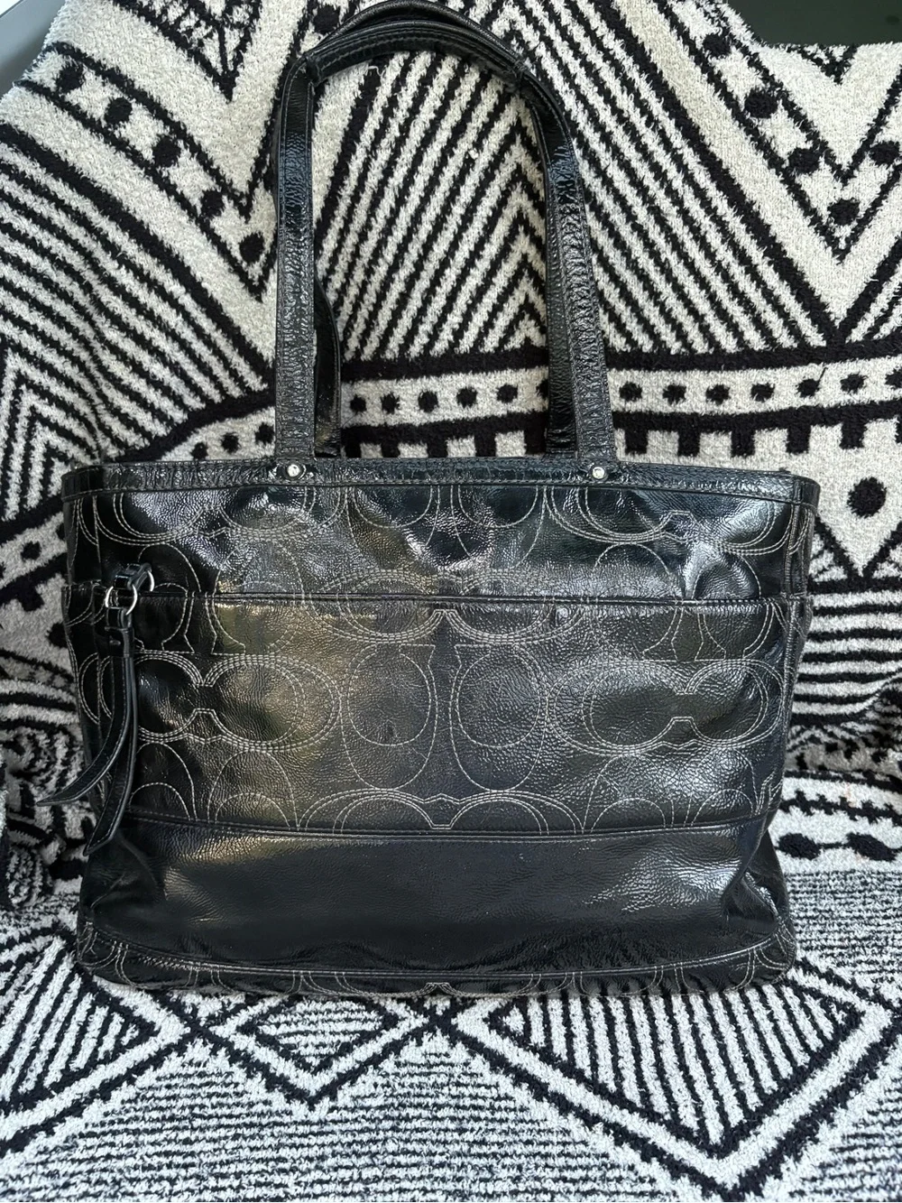 Coach Black Signature Leather Tote with Logo Medallion